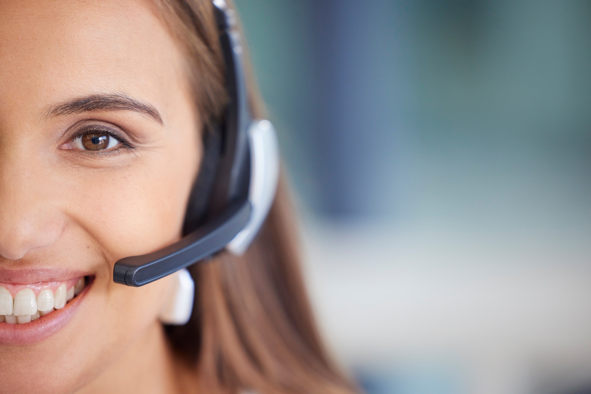 Call center woman face and consultant, telemarketing agent or virtual assistant with customer servi