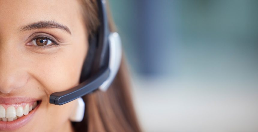 Call center woman face and consultant, telemarketing agent or virtual assistant with customer servi