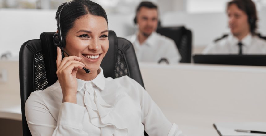 Hispanic customer service agent in office